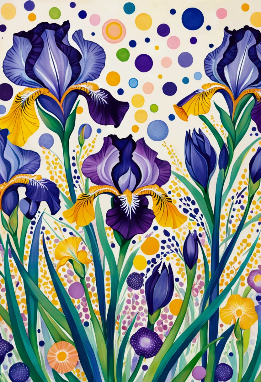 Colorful abstract painting:Vivid pattern - Bright,Elegant and soft color iris - dynamic, Smooth lines accommodate various shapes ，With purple and blue dots - a fusion of organic and geometric shapes，Create a lively and vibrant atmosphere
