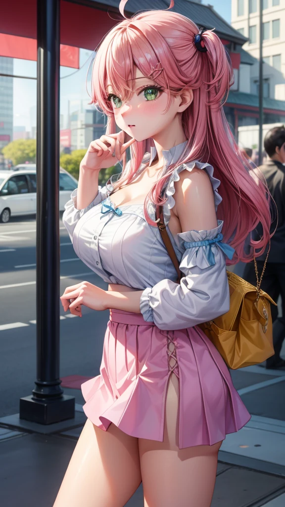 (best quality: 0.8), (best quality: 0.8), Perfect anime illustration, Close-up portrait of a beautiful woman，Walking in the city，Long purple hair，Huge breasts，Blushing eyes (((National Foundation))) 透明白色连衣裙霓虹夜城超级细节超级细节的脸明亮的眼睛星系在眼睛absurdes的4k全高清顶部在pixiv超级做得很好红眼下载文件巨大的乳晕直立 (Love Juice 1;4) absurdes