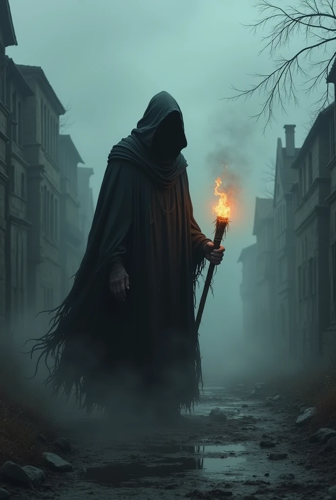 Old ghostly man with lantern with smoke from mouth