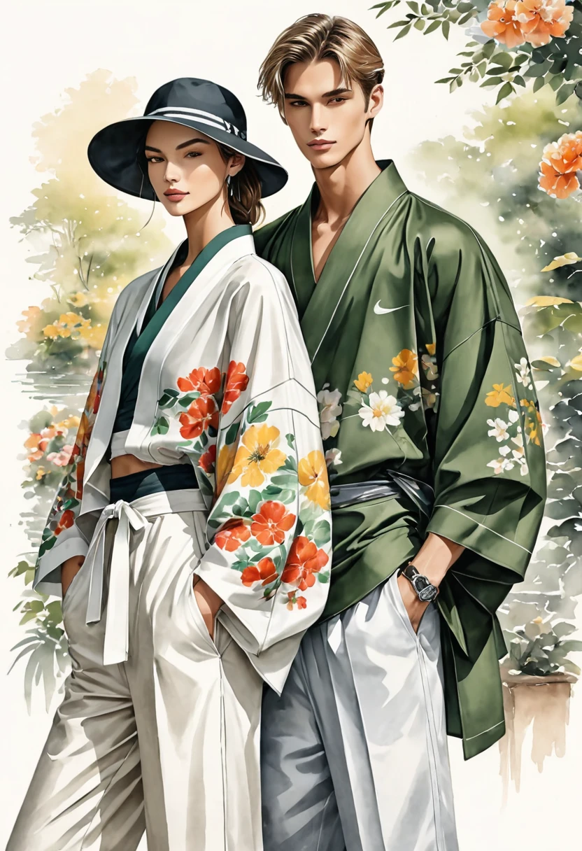 candid fashion illustration of young supermodels, aged 18-23, tall and slender, 2 man, small pectorals, slim and slender, wearing a fashionable shirt with open oversize Yukata, embroidery details paired with fit sweat pants with semi Bulge, Mixed of deep green or earth tone color, (inspire by Yohji Yamamoto hybrid with Rick Ovens fashion designer, resort collection, extremely hyper detailed, man focus, completes the look with white sneakers, accessorizes, hat, sunglass. Captured in a ((full-body image)), relax and simple pose, ((water-color paint on white paper ), realistic pencil lines, imperfect drawing, charcoal lines detail, fading sketch, fashion Sketching, low angle view, (full body image), ((Pay attention to the layer and arrangement of body parts and surrounding objects)), ((Pay attention to the body composition)), romantic atmosphere of a lively background, soft morning sunrise, Christian Dior, extremely hyper detailed, High Resolution, 8k, UHD, (Gorgeous young man at Longan garden background)