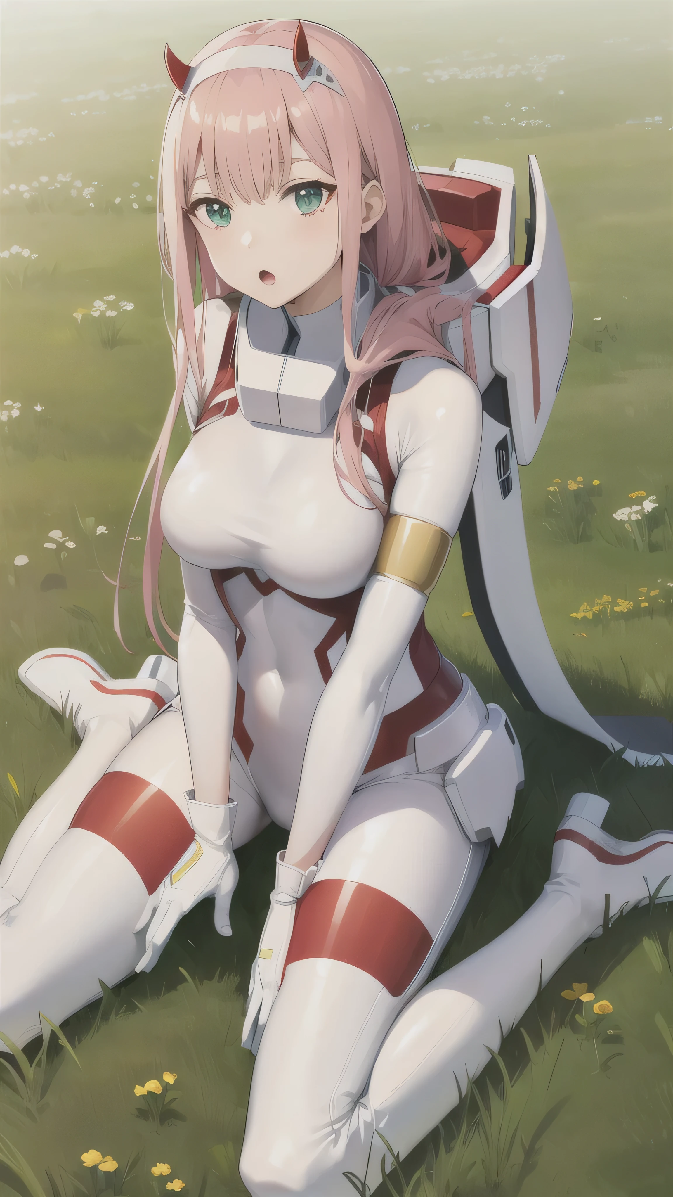 masterpiece, best quality, highres, cczero2, long hair, horns, hairband, white bodysuit, pilot suit, gloves, :o, wariza, field, grass