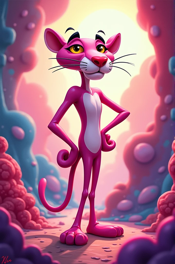 solo,female,pantherine,pinkpanther,smiling,pink fur,felid,detailed background,bed,slim,hi-res,by zaush,by personalami,by totesfleisch8,digitigrade,smile,yellow sclera,breasts,blush,tail,<lora:pinkpanther_v1.0_-step00000400:0.9>,standing,