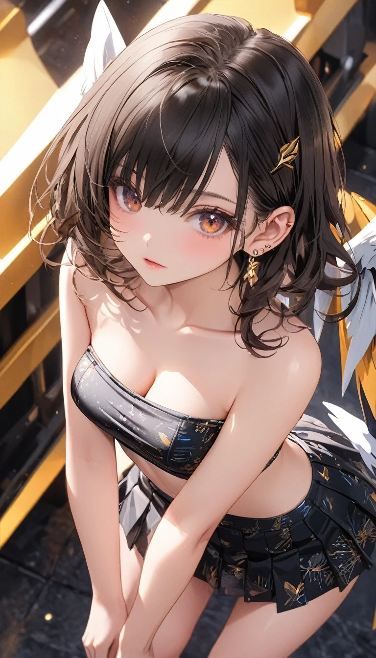 ((masterpiece)), ((best quality)), (ultra-detailed), ((extremely detailed)), 4K, (8K), best quality, (beautiful), anime style, full body, focus on the face, full body focus, from below, Live performance venue, a cute girl, 1girl, solo, idol, (squatting panty shot:1.2), young entertainer, beautiful light brown hair, beautiful brown eyes, ((beautiful eyes)), short hair, light smile, shiny-glistening, gleaming,professional lighting
