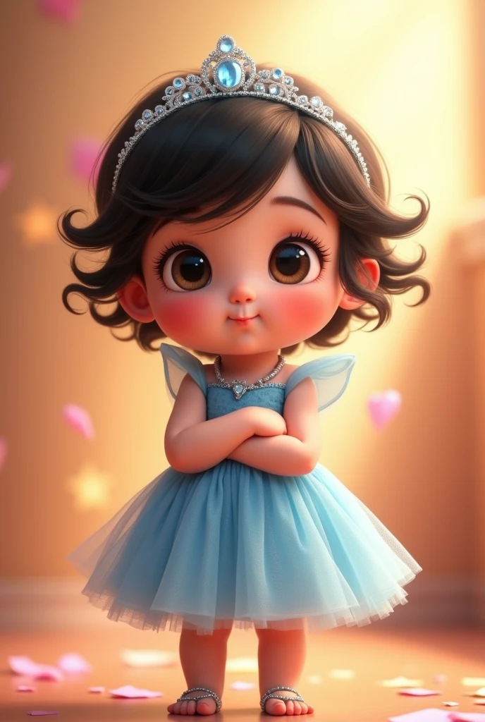 Create one year old baby image, De pele clara, dark shaped eyes, fly away, short dark hair. Wearing a pink princess dress with butterfly details. Full-body image. Pixar-style 