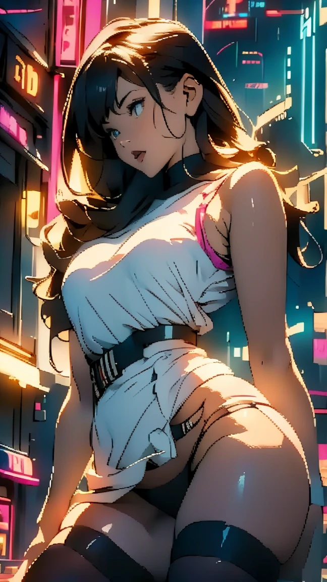 (Hinata Hyuga, Very sensual, In tight clothes, Big Ass, Thick legs, White Mini Skirt Dress, stockings, Navel comes out, Long Hair, Rear speakers, Very realistic, View of the Cyberpunk City, Clearly defined lines, Neon Lights Very Sexy, 8k, 8k Very detailed), (Very delicate and beautiful), (masterpiece), (Better Quality: 1.0), (Ultra-high resolution:1.0), ((Synthwave Background Theme)), whole body