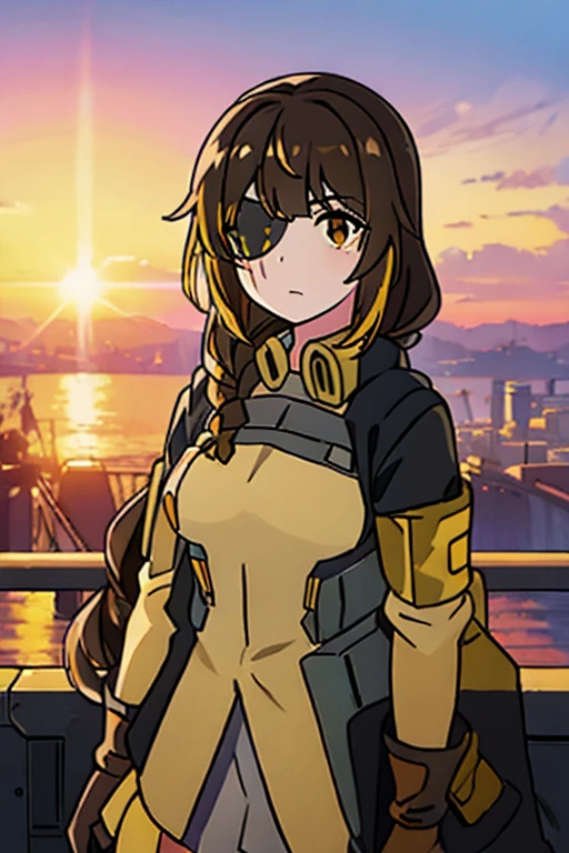 ((Highest quality)), ((masterpiece)), (detailed), One girl, Medium breast, Brown Hair, one yellow strand of hair, M16 (Girl Frontline), sunset background 