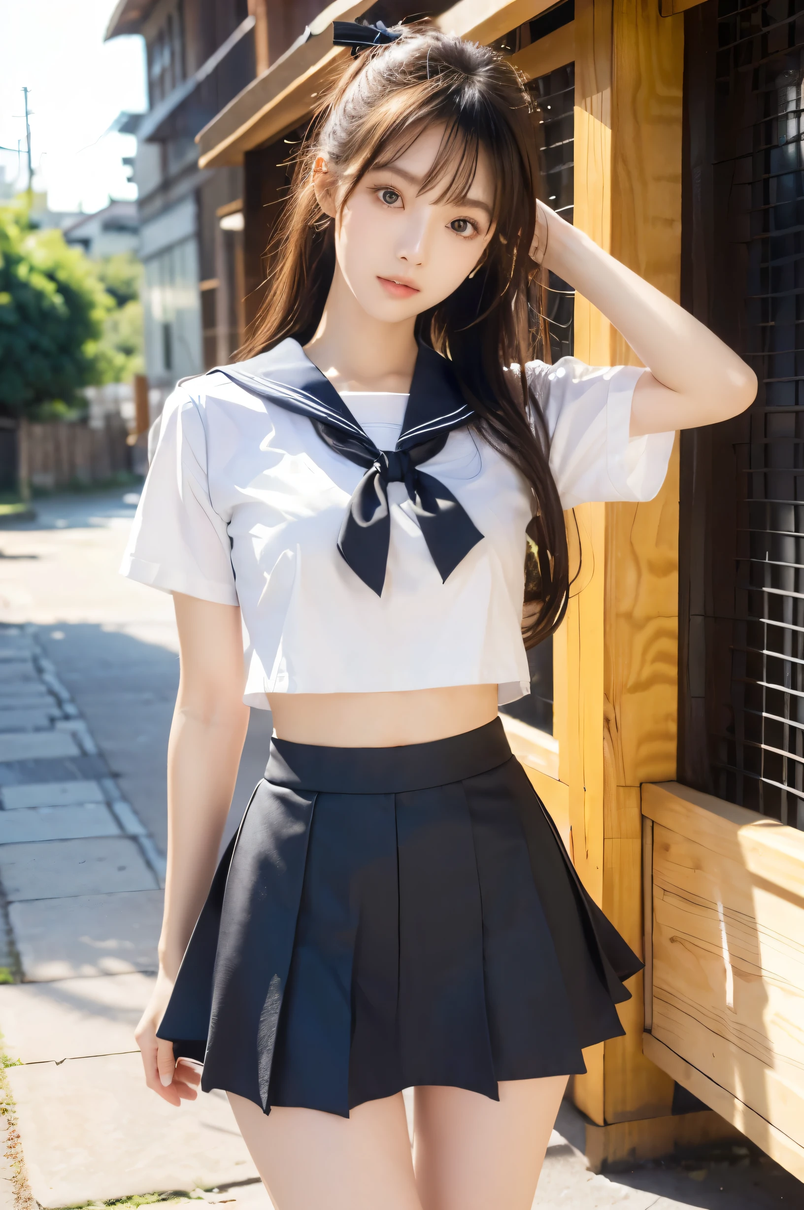 (Ultra HD), (Looking at me), (The whole body is shown), (Black short-sleeved sailor uniform, Black mini skirt), Big Breasts, Super beautiful breasts, slender, Narrow waist, (Thin legs:1.2), (Thin thighs:1.2), (Thin Hips:1.4), (Beautiful Skin, Shiny skin, White skin), (Super slim face, Super beautiful face, No makeup, Smile:0.6), (light brown, ponytail, Layered Cut, Fluffy hair), (Big eyes:1.2, Slanted Eyes:1.4, double eyelid), (Thin eyebrows:1.2), Small Nose, Thin lips, Are standing, In front of the school gate