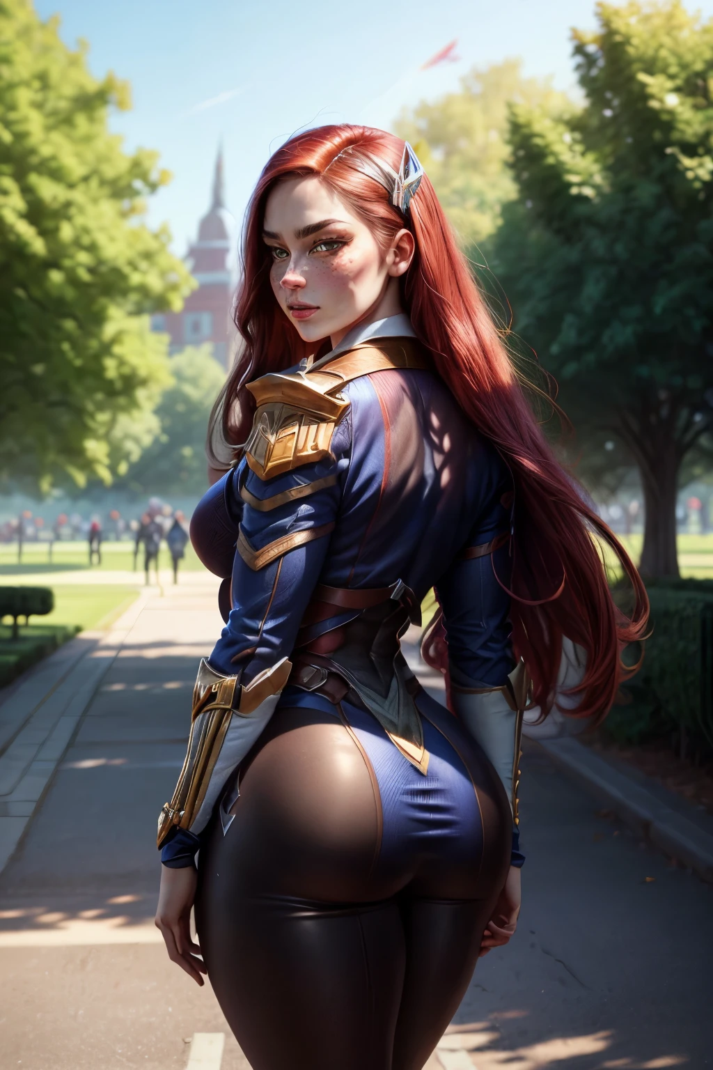 a one woman, long straight red hair, of the whole glass, perfectbody, Curvy Body, rear view, muslos grandes, (Battle Academia Caitlyn), schoolar uniform, freckles on the face, face detailed, standing, in a park, ray tracing, high resolution, super detaill, 8k, Overview