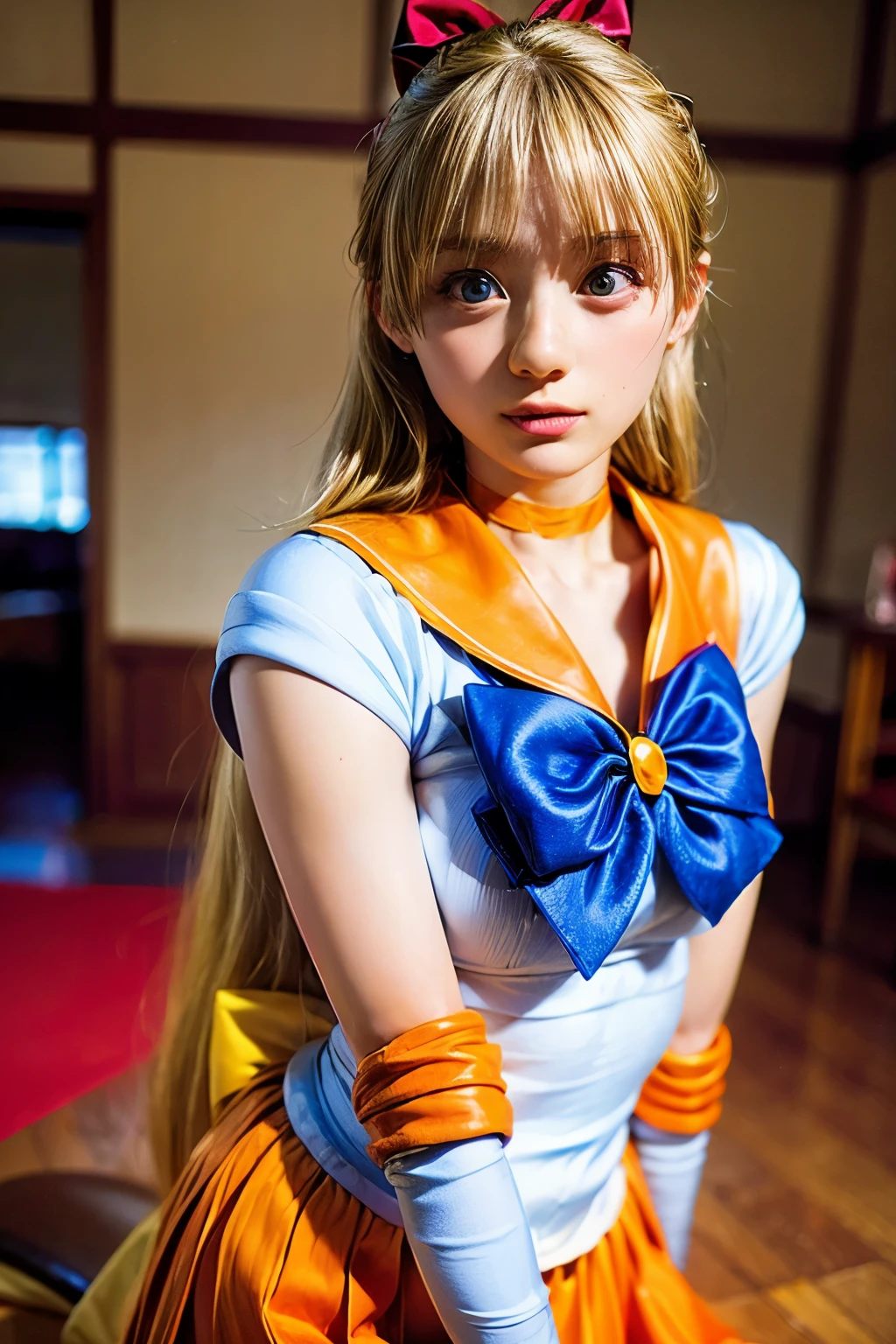 (realistic, photo-realistic:1.4), (best quality,masterpiece:1.2), RAW photo, high resolution, intricate details, extremely detailed, realistic and sharp details, professional lighting, frontal photography, facing viewer, solo, 1girl, a Japanese female idol as sailor venus, (model pose), wearing a sailor senshi uniform, sv1, MinakoAino, orange sailor collar, orange choker, blue neck ribbon, orange skirt, orange ankle strap pumps, (red hair ribbon barrette, blonde hair, long hair, parted bangs, white top, white elbow gloves, circlet:1.5), earrings, jewelry, thin legs, bare legs, (detailed face, detailed eyes, beautiful pupils, sophisticated nose), pale skin, fine-textured skin, (perfect anatomy, prefect hands), photo background, indoors, home,