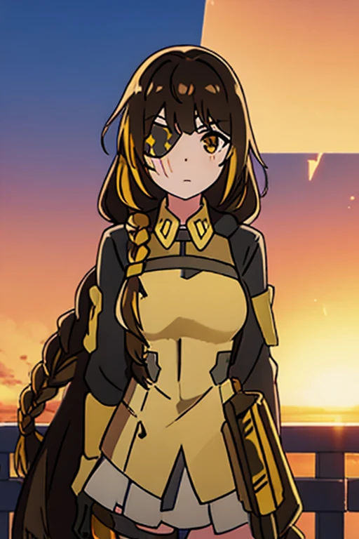 ((Highest quality)), ((masterpiece)), (detailed), One girl, Medium breast, Brown Hair, one yellow strand of hair, M16 (Girl Frontline), sunset background 