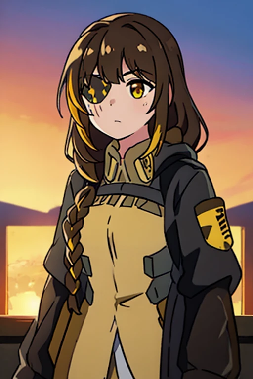 ((Highest quality)), ((masterpiece)), (detailed), One girl, Medium breast, Brown Hair, one yellow strand of hair, M16 (Girl Frontline), sunset background 