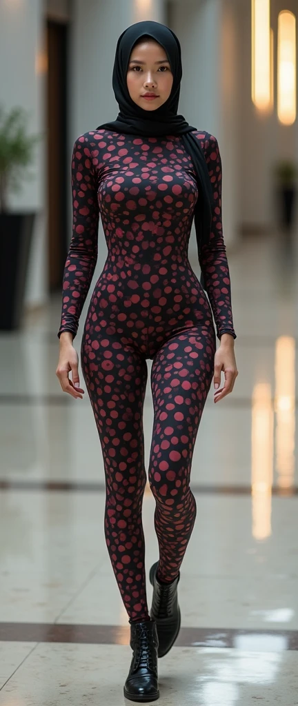 The most beautiful,thin,most pretty and clever malaysian muslimah adult girl wears margay print lycra turtleneck unitard catsuit covered with spots.She always wear margay print lycra dancewear stretchy square hijab covered with many spots.She goes up the stairs.