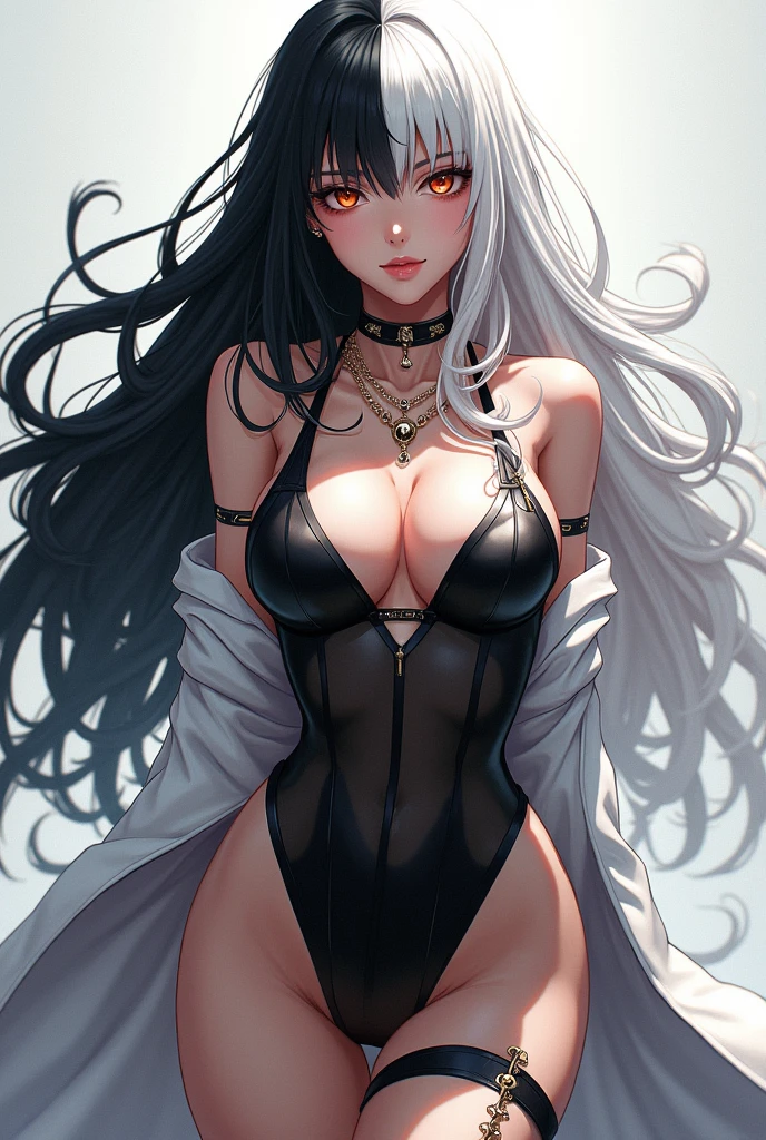 rosanna (chic ocean) (nikke), character: rosanna (nikke), black hair, highres, white hair, 1girl, looking at viewer, long hair, large breasts, red eyes, black bikini, two-tone hair, navel, split-color hair, official alternate costume, absurdres, thighs,score_9, score_8_up,score_7_up, masterpiece, best quality, perfect anatomy, very aesthetic, 8k