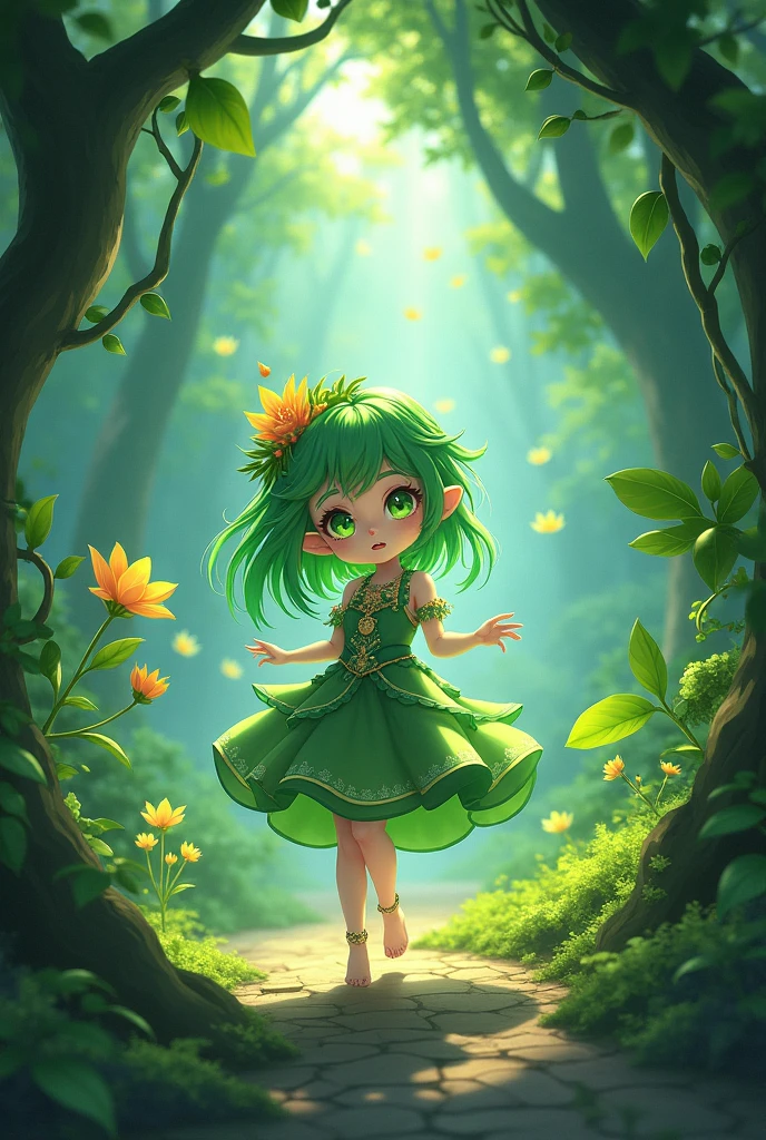 cartoon girl 18 year in a green dress and yellow shirt holding a flower, childrens art in artstation, cute detailed digital art, adorable digital painting, cute art style, cute detailed artwork, girl in flowers, cute digital art, girl in a flower field, full body portrait of a short!, girl dancing in a flower field, a beautiful artwork illustration --auto --s2