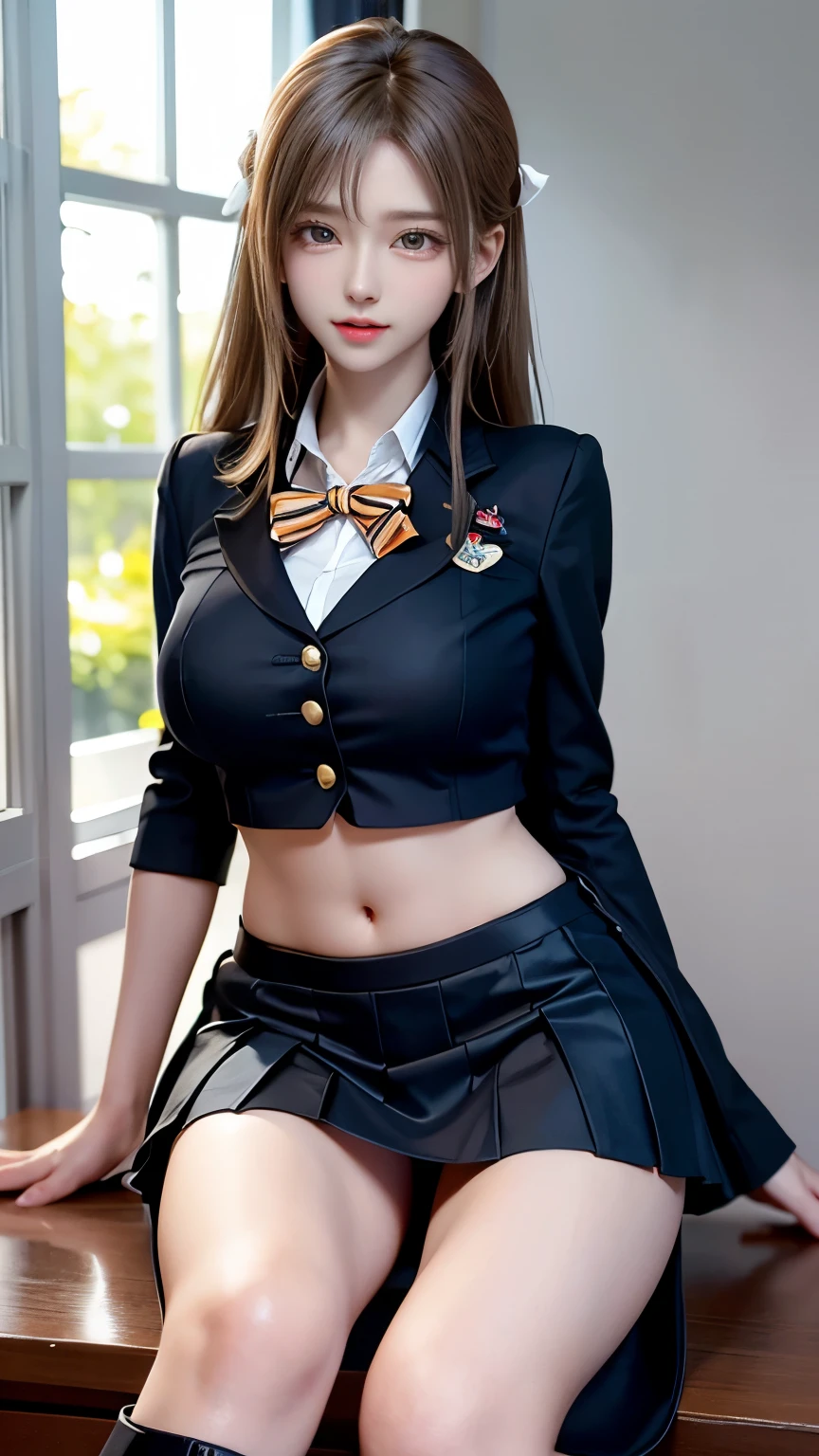 （Very delicate and beautiful：1.2）super model,,Big Breasts,Beautiful breasts,voluptuous,【bike shorts】,,【3girls】,,Highest quality, High resolution, 8k,mini skirt,Blonde.boots.uniform.high school girl.blazer