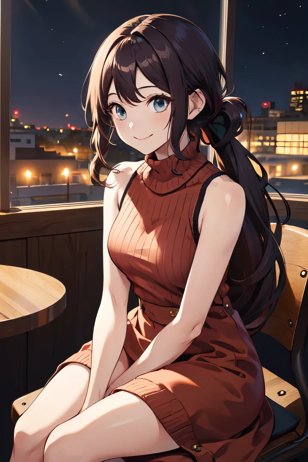 masterpiece, vibrant colours, best quality, detailed, highres, absurdres, score_9, score_8_up, score_7_up, aadavinci, ponytail, parted bangs, bare shoulders, sweater dress, sleeveless, turtleneck, night, cafe, ribbed sweater, sitting, smile, cowboy shot