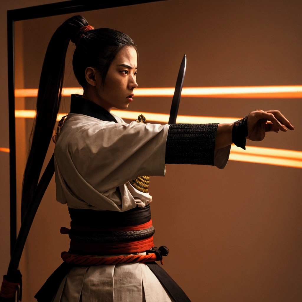 A photography realistic cinematic a samurai with twin sword,High Ponytail, Angry, Motion Lines, Reflection Light, 