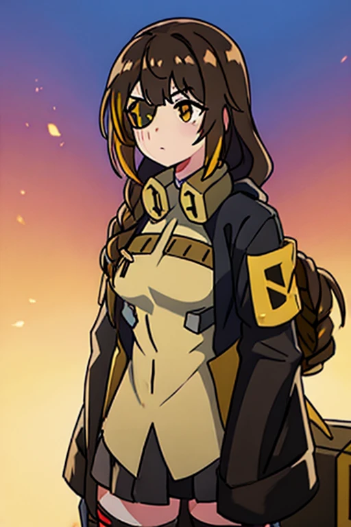 ((Highest quality)), ((masterpiece)), (detailed), One girl, Medium breast, Brown Hair, one yellow strand of hair, M16 (Girl Frontline), sunset background 