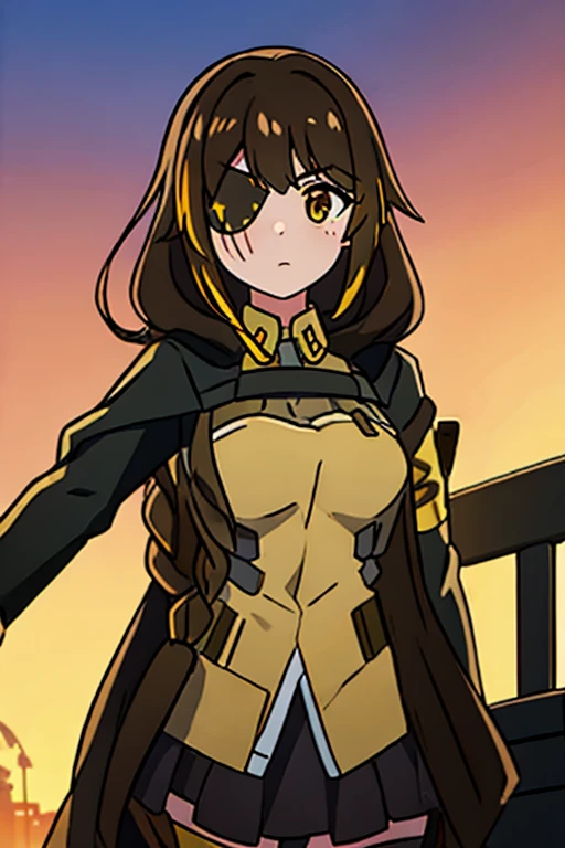 ((Highest quality)), ((masterpiece)), (detailed), One girl, Medium breast, Brown Hair, one yellow strand of hair, M16 (Girl Frontline), sunset background 