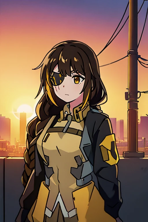 ((Highest quality)), ((masterpiece)), (detailed), One girl, Medium breast, Brown Hair, one yellow strand of hair, M16 (Girl Frontline), sunset background 