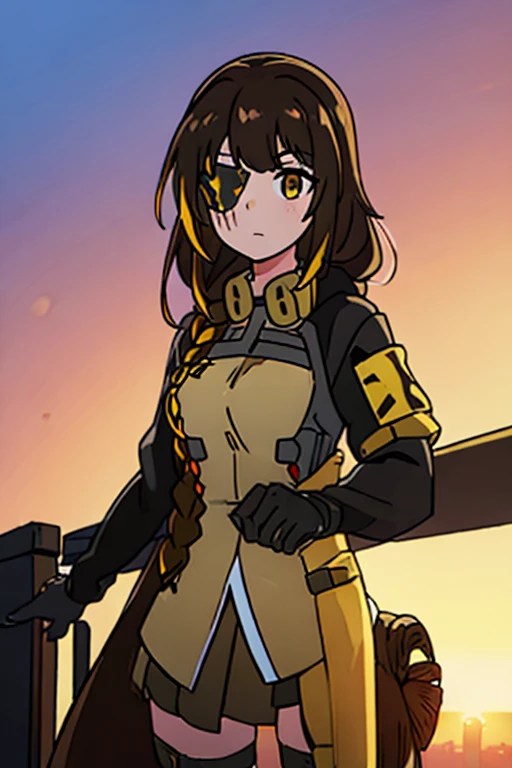 ((Highest quality)), ((masterpiece)), (detailed), One girl, Medium breast, Brown Hair, one yellow strand of hair, M16 (Girl Frontline), sunset background 