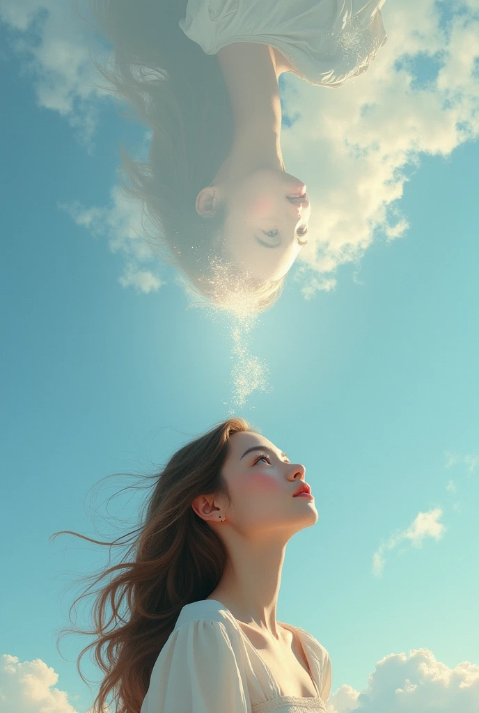 A beautiful real girl looking at morning cloudy sky but entire image ...