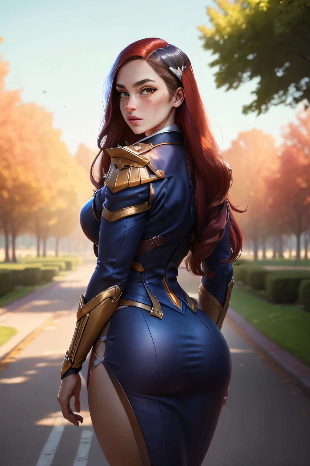 a one woman, long straight red hair, of the whole glass, perfectbody, Curvy Body, rear view, muslos grandes, (Battle Academia Caitlyn), schoolar uniform, freckles on the face, face detailed, standing, in a park, ray tracing, high resolution, super detaill, 8k, Overview 