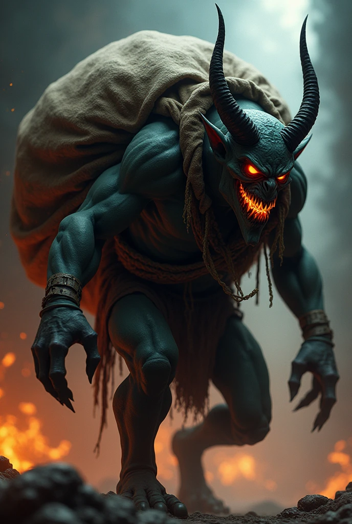 An African spirit with a bald head screaming and escaping a village of huts in the night