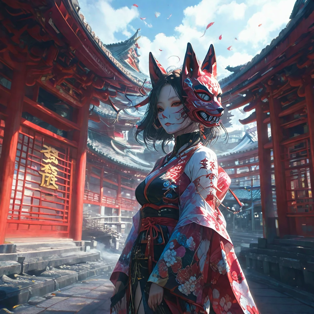 Earrings、hair ornaments、An image of a female android wearing a kimono dress and a fox mask strolling through a Kyoto shrine has been created。The style is also terrible.、人間とrobotの融合は美しさの中に神秘的でSpooky atmosphereがある。Torii gate in the background、There is a shrine in Kyoto。機械でできたLong neckを持ち、Wearing a fox mask。Imagine a strange and creepy picture - Al 9:16。 Spooky atmosphere、Fusion、Horror、Japanese cityscape、Long neck、robot、at 6