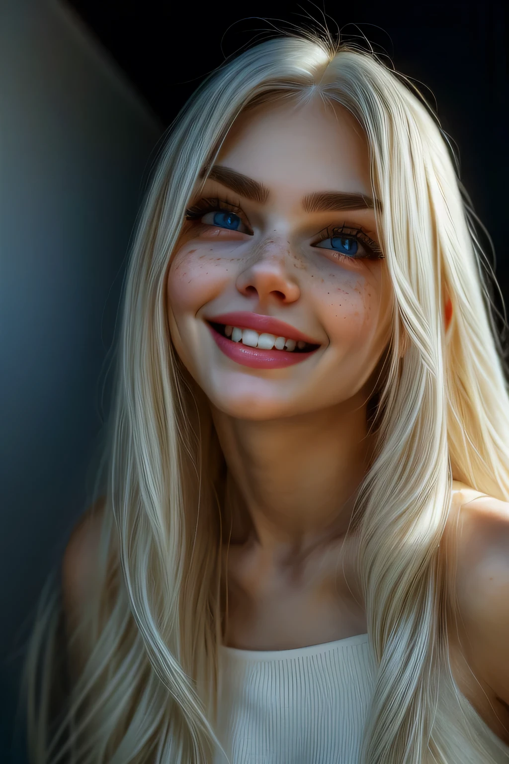 very beautiful woman, perfect face, long white hair, small sharp face, perfect big blue eyes, thin arched eyebrows, very thick and long eyelashes, close up face, freckles, small nose, black winged eyeliner, front view, looking at viewer, super white skin, russian soft small features, laughing with teeth, dimples 