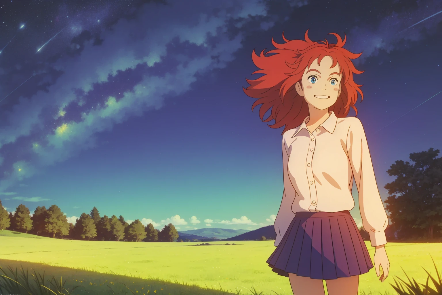 An exceptional pretty female, smiling, shirt, pleated skirt, red hair, messy hair, grass, nature, starry sky, (outstanding composition, masterpiece, best quality:1.2)