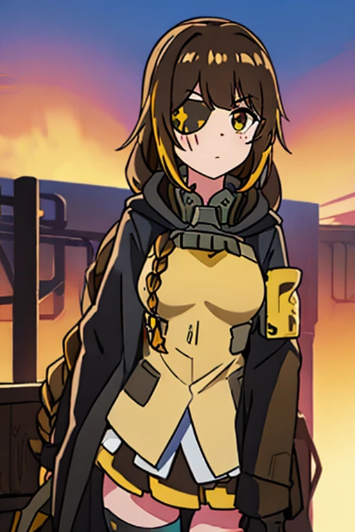 ((Highest quality)), ((masterpiece)), (detailed), One girl, Medium breast, Brown Hair, one yellow strand of hair, M16 (Girl Frontline), sunset background 