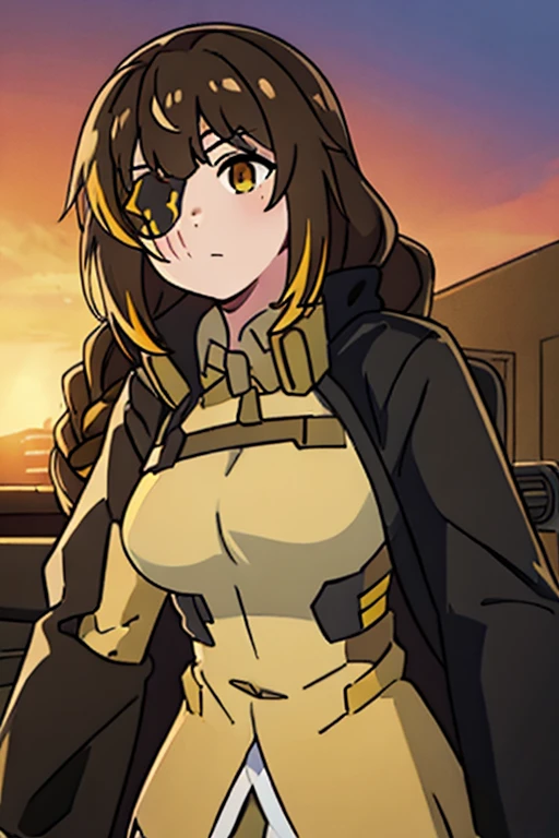 ((Highest quality)), ((masterpiece)), (detailed), One girl, Medium breast, Brown Hair, one yellow strand of hair, M16 (Girl Frontline), sunset background 