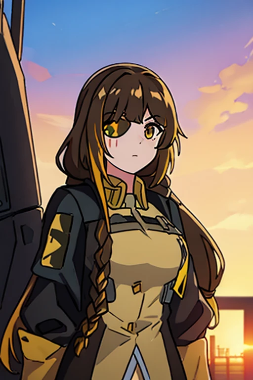 ((Highest quality)), ((masterpiece)), (detailed), One girl, Medium breast, Brown Hair, one yellow strand of hair, M16 (Girl Frontline), sunset background 