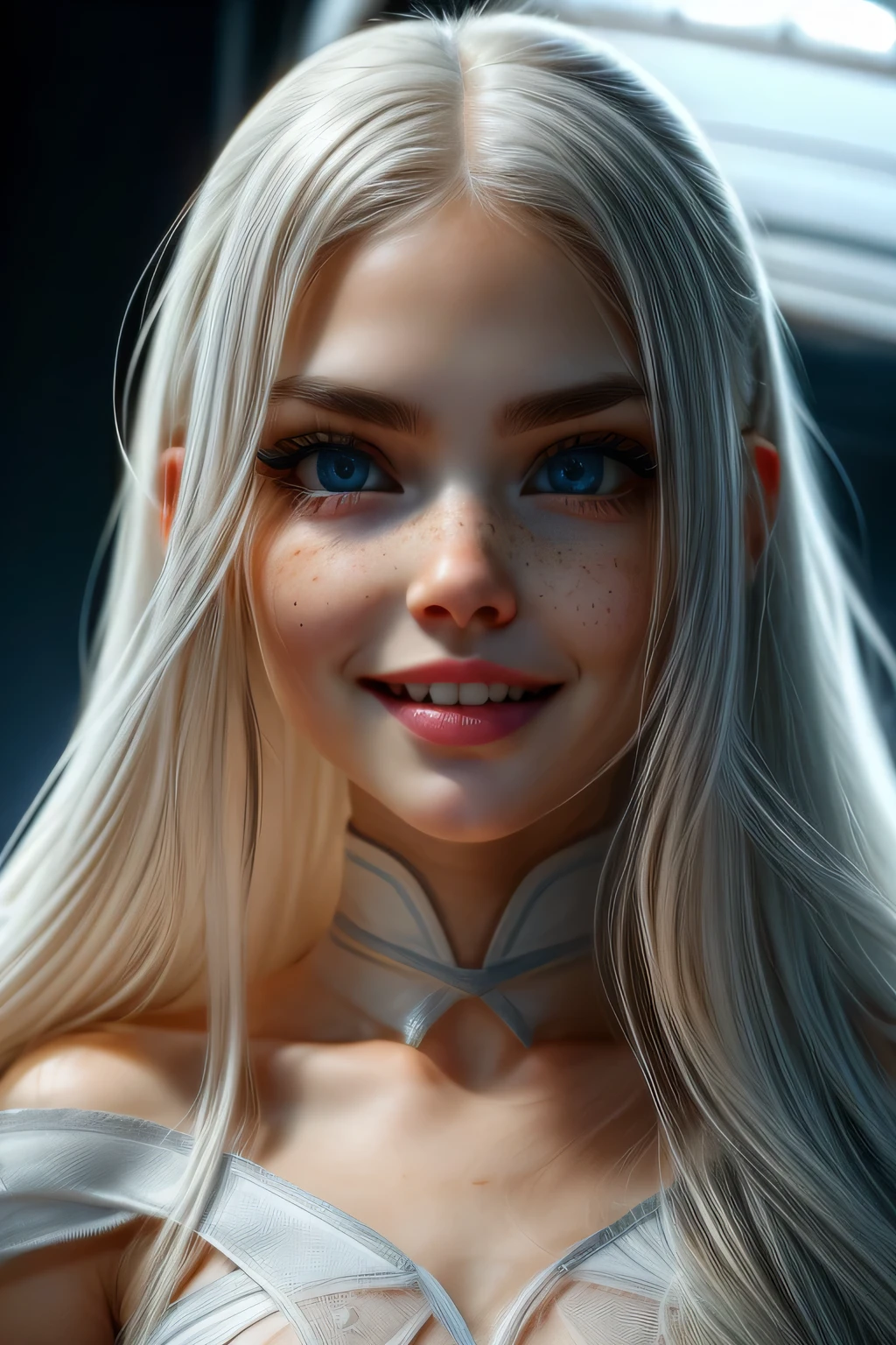 very beautiful woman, perfect face, long white hair, small sharp face, perfect big blue eyes, thin arched eyebrows, very thick and long eyelashes, close up face, freckles, small nose, black winged eyeliner, front view, looking at viewer, super white skin, russian soft small features, laughing with teeth, dimples 