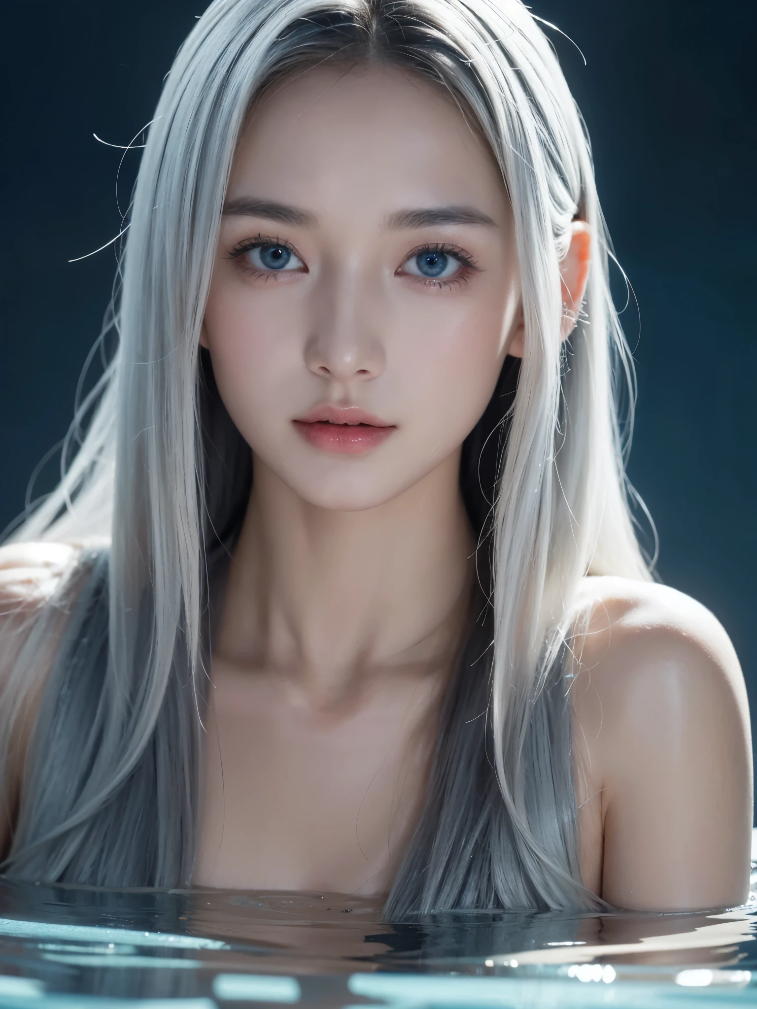 Seven-part photo,masterpiece, best quality,official art, extremelydetailed cg 8k wallpaper,(flying petals)(detailed ice) , crystalstexture skin, coldexpression, ((fox ears)),white hair, longhair, messy hair, blue eye,midium breasts,looking at viewer,extremely delicate andbeautiful, water, ((beautydetailed eye)), highlydetailed, cinematiclighting,((beautiful face),fine water surface, (originalfigure painting), ultra-detailed, incrediblydetailed, (an extremelydelicate and beautiful),beautiful detailed eyes,(best quality)