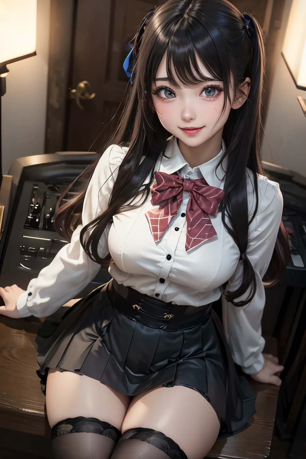 High school girl blazer、 uniform、Red checked skirt、JK Style、Jacket、smile、Knee-high socks、Thigh-high socks、pantyhose、A superb beauty、Super cute、ennui、Rare beauty、Twin tail hair、Black Dark Eyeshadow、Sad、Good skin glow、Long hair straightener、Dark Gothic Makeup、Dark Smile、Fragrant beauty、Stained glass background、Mastepiece、Best Quality、Refers to 5 books、Sweat glistening on my chest、Sweat glistening on my face、Small breast size、Dark pink hair、Age 22 years old、Slightly slim、The piano is placed、Mysterious look、A sad expression、Pink Hair、mysterious gothic church、enchanting castle、Sweating profusely all over the body、A lot of sweat and light on the thighs、Shiny thighs、Plenty of sweat glistening on the thighs、A large amount of sweat glistens on my thighs、Sweating profusely、Gal、Small breasts、japanese face、Alluring expression、Thighs are a little slender、Skirt length above the knee、Wear a black bikini underneath、Playing guitar、Have a guiate、Shout and sing loudly、stand、