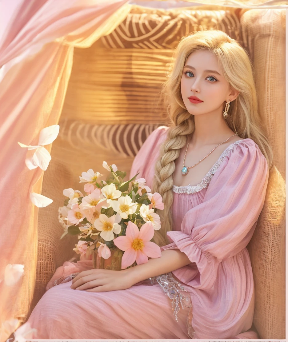Blond woman in pink dress sitting on a chair with flowers - SeaArt AI