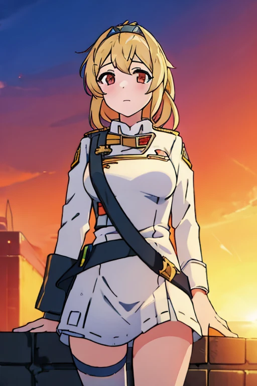 ((Highest quality)), ((masterpiece)), (detailed), One girl, Medium breast, blond hair, white outfit, Sv-98 (Girl Frontline), sunset background 