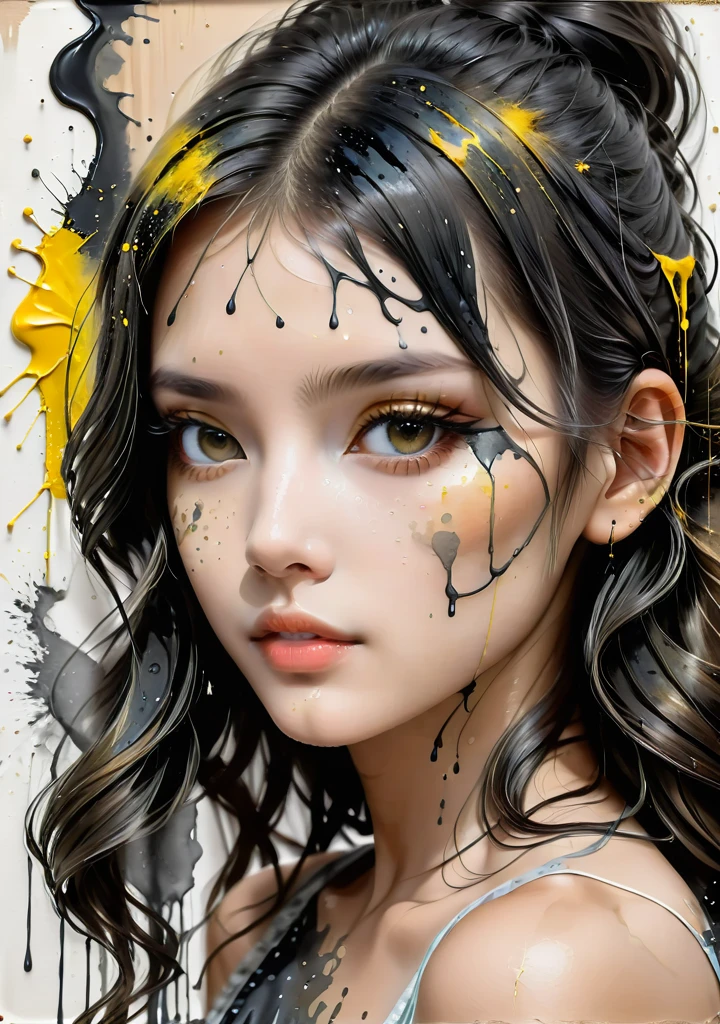 In this digital painting, the artist uses wet oil ink poured on a gangster an a front View of Weathered Face of very young girl Amerindian Ethnic Characteristics to create a captivating and visually striking image. The ink spots are visible, adding texture and depth to the artwork. The overall style  messy and dynamic, with an ink splatter effect that adds a sense of edginess and intensity to the composition.  The colors used in the painting are bold and dramatic, with a mix of dark and vibrant tones. The artist may use contrasting colors to enhance the mysterious and dangerous aura of the gangster an front View of Weathered Face of very young girl Amerindian Ethnic Characteristics. The colors could be used to emphasize the shadows, the gleam of his weapon, or the details of his clothing,  the artwork visually impact and attractive.  The gangster young girl an front View of Weathered Face of a very young girl Amerindian Ethnic Characteristics  portrayed in a confident and intimidating manner, exuding a sense of power and control. The artist may emphasize his sharp features, intense gaze, and stylish attire to convey his authority and presence. The messy style and ink splatters add a gritty and raw feel, enhancing the overall visual impact of the artwork.  Overall, this digital painting with wet oil ink, ink splatters, and attractive colors creates a captivating and intense image of a gangster an front View of Weathered Face of very young girl Amerindian Ethnic Characteristics . The messy style, dramatic colors, and dynamic character portrayal make the artwork visually appealing and captivating, capturing the essence of the underworld and the allure of the girl Amerindian persona.  --auto --s2