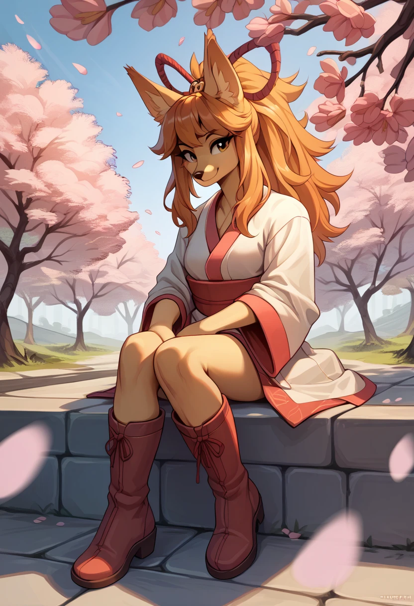 score_9, score_8_up, score_7_up, score_6_up, score_5_up, score_4_up, rating_safe, source_furry,
(ceroba), fox ears, female, solo, kimono, japanese clothes, boots,
smile,
face close up, (outdoors, cherry blossom), bikini