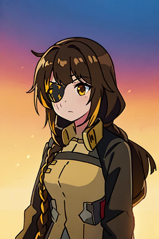 ((Highest quality)), ((masterpiece)), (detailed), One girl, Medium breast, Brown Hair, one yellow strand of hair, M16 (Girl Frontline), sunset background 