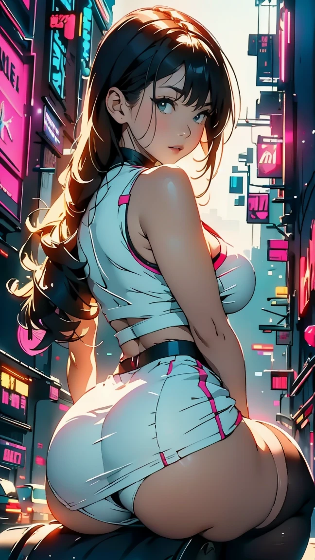 (Hinata Hyuga, Very sensual, In tight clothes, Big Ass, Thick legs, White Mini Skirt Dress, stockings,(Tback), Navel comes out, Long Hair, Rear speakers, Very realistic, View of the Cyberpunk City, Clearly defined lines, Neon Lights Very Sexy, 8k, 8k Very detailed), (Very delicate and beautiful), (masterpiece), (Better Quality: 1.0), (Ultra-high resolution:1.0), ((Synthwave Background Theme)), whole body