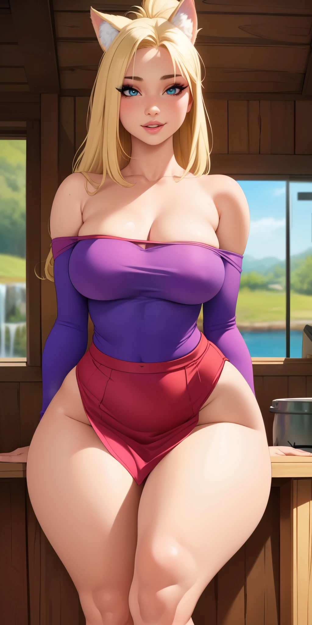 ((Best quality)), ((masterpiece)), (detailed: 1.4), 3D, a beautiful woman with large breasts thick thighs, wearing extremely sexy white and red panties,sexy nurse,huge ass,lifted booty, (multicoloured blonde,red,pink,blue,orange hair),  braided hair, front view,leaning on side of a wooden table,cameltoe, bikini front view,huge ass,huge legs,braided pig tails, seductive face, topless