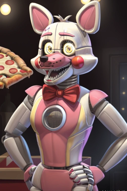 <lora:funtime_foxy-09:1>, funtimefoxy, (pink fur:1.2), two tone fur, two tone body, (pose:1.3), (posing:1.3), (soft shading), 4k, hi res, ((detailed face, (yellow eyes), detailed)), by zackarry911, by zaush, (by personalami:0.5), 1boy, male focus, teeth, no humans, robot, sharp teeth, pizza box, joints, looking ahead, robot joints, open hands, humanoid robot, speaker, chest speaker, red bowtie,