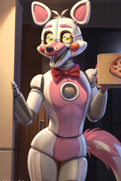 (Five nights at fready, mangle, female, giant boobs, thigh high, pink hair, white body, big thighs, earrings, eyeliner, coller, pink tail, hourglass figure, belly piercing, naked, hourglass body, bodybuilder, abale and female, (five night at Freddy's, foxy, male, behind, grabbing boobs) Cartoon, in bed, family, bodybuilders, high quality, flexing pecs