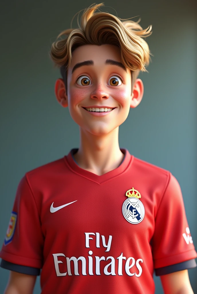 little blond boy with brown eyes wearing real madrid shirt
