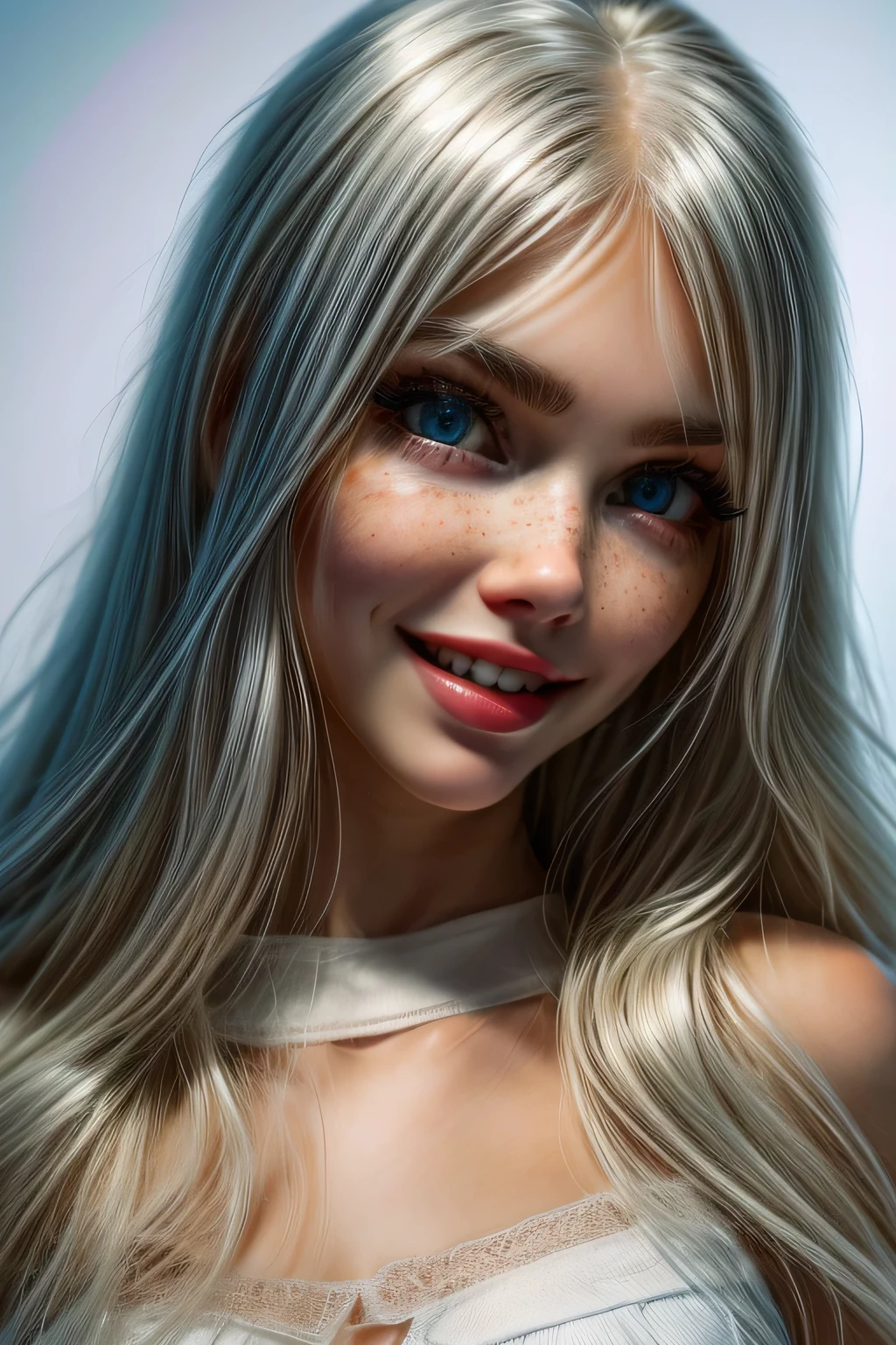 very beautiful woman, perfect face, long white hair, small sharp face, perfect big blue eyes, thin arched eyebrows, very thick and long eyelashes, close up face, freckles, small nose, black winged eyeliner, front view, looking at viewer, super white skin, russian soft small features, laughing with teeth, dimples 