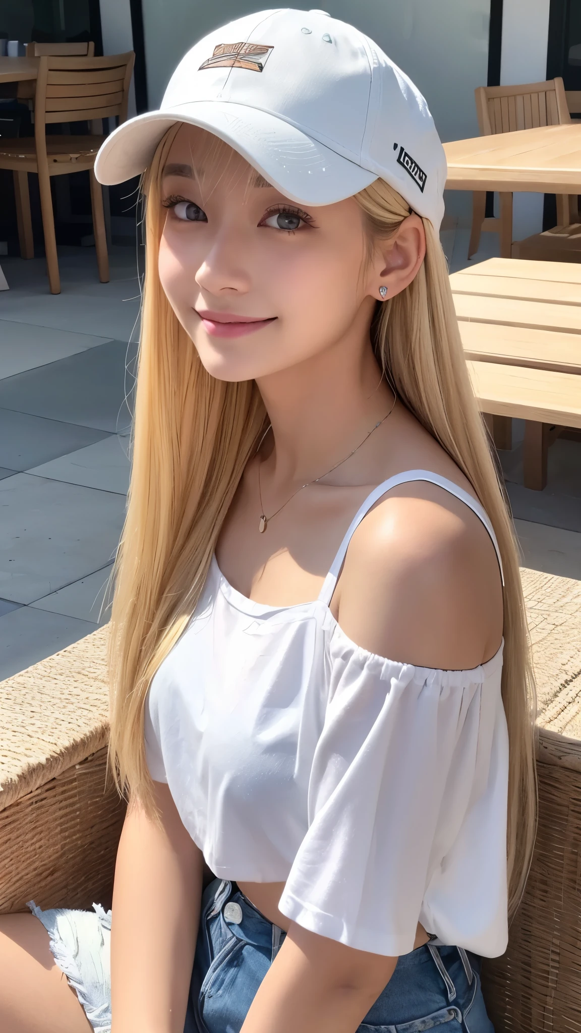 23-year-old woman,Long dark blonde wavy hair、Medium Milk, Cute Smile、、、Beautiful Necklace、On the grass in the park、、Cute smile with upward glances、T-Shirts、White skinny pants、Beautiful ass、Beautiful legs
