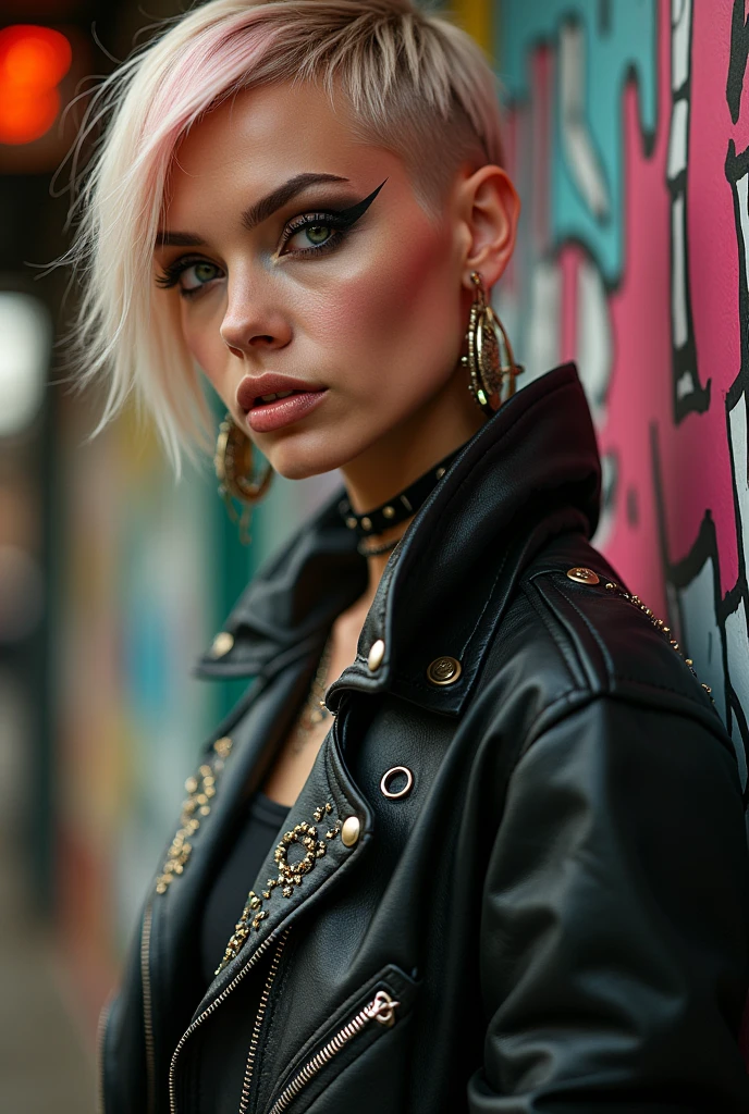 russian old milf woman, blonde hair (top bun), with very light blue eyes, extremely pale. Wearing studded cropped black moto jacket (with lots of side zippers and pins), black and white lace push up bra , dark skinny blue jeans and pointy silver Chelsea boots with cuban heels . Lots of thick wide studded bracelets, chain collars and big rings. Tacky wide studded leather belt with big skull and bones round buckle. Long earrings with feathers. Standing up, humble facial expression. Hands touching her neck in a shy way, showing off bracelets and rings. Chains around belt.. Listening in amazement to somebody speaking to her, toned six pack abdominals, thin neck, slim legs and thin arms. Narrow hips. Pierced belly button Tattoed heavily. Graffitied brick wallin Bronx. Seen from above